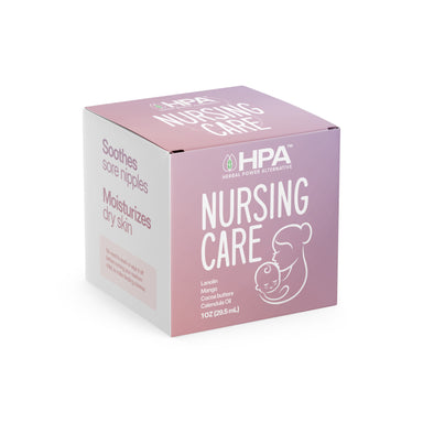 A square product box for HPA Nursing Care in soft purple and white colors. The box shows the HPA logo, product name, ingredients list, and a minimalist mother-and-baby nursing icon. The 1 oz box displays key benefits on multiple sides and features clean, medical-style packaging design.