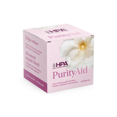 A 1 oz PurityAid box by HPA featuring a soft pink and purple gradient design with a white flower image. The packaging highlights natural healing properties for postpartum care, with the HPA leaf logo and clear product benefits listed on multiple sides. Rabbinically approved certification shown