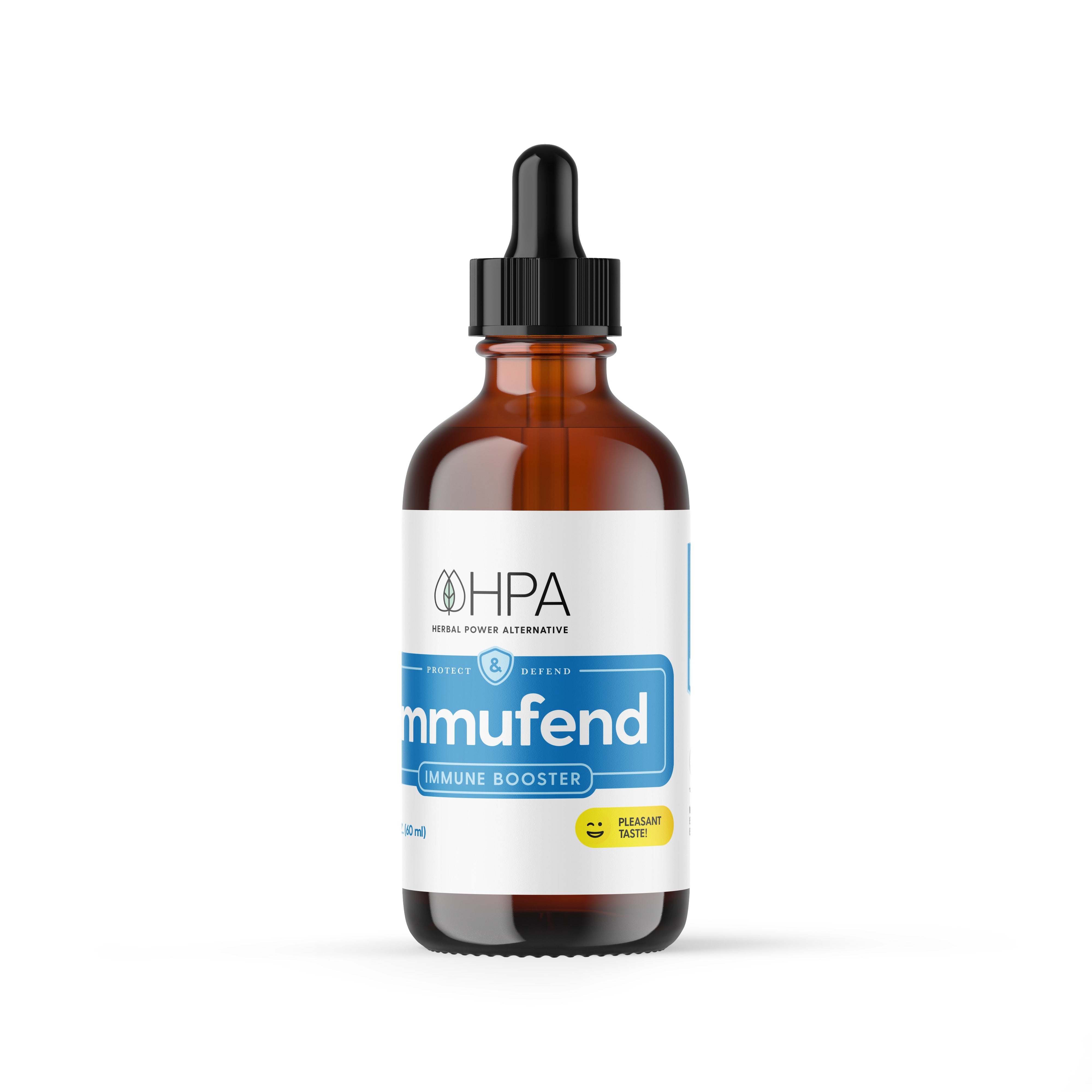 A 2 fl oz amber glass dropper bottle of Immufend immune booster by HPA (Herbal Power Alternative). The bottle features a white label with blue accents, the HPA logo, and a yellow 'Pleasant Taste!' badge