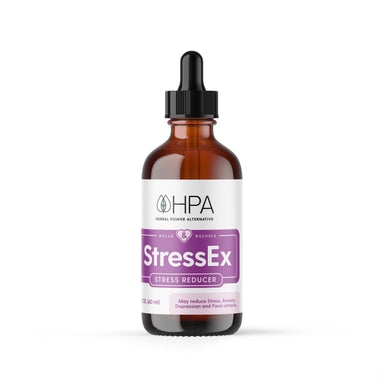 A 2 fl oz amber glass dropper bottle of StressEx stress reducer by HPA (Herbal Power Alternative). The bottle features a white label with purple accents, the HPA leaf logo, and text indicating it 'May reduce Stress, Anxiety, Depression and Panic attacks